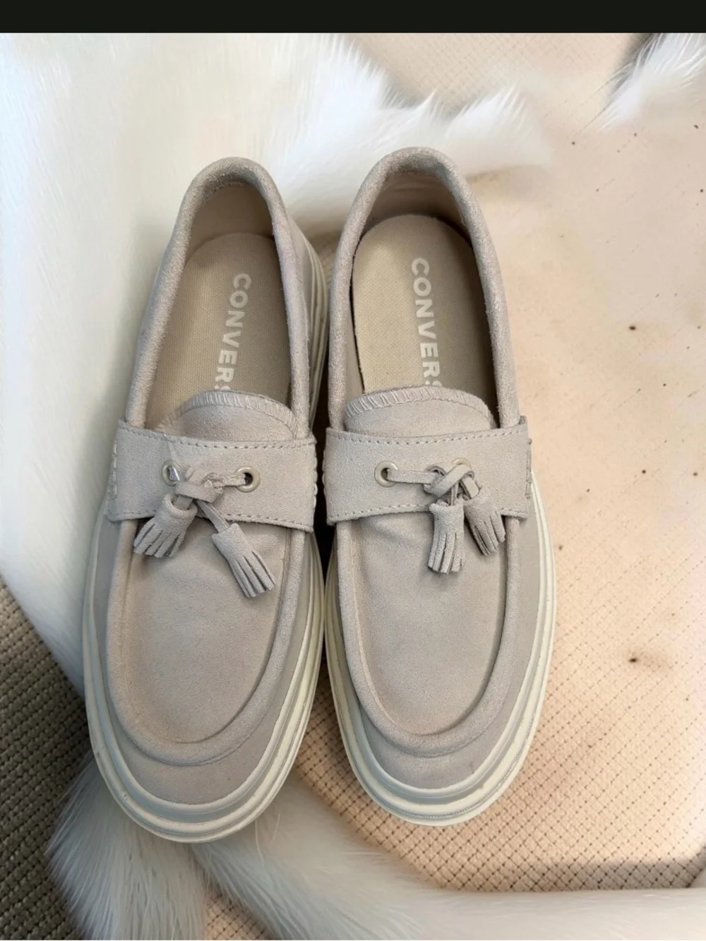 Converse Women's Platform Tassel Loafers in Light Beige and White